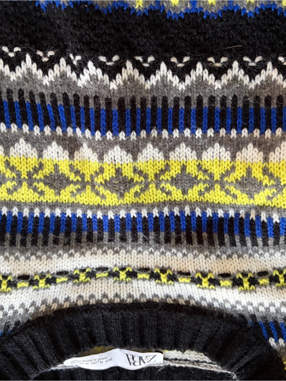 Zara Men’s Fair Isle Crewneck Sweater - Black/Gray/Blue/Yellow